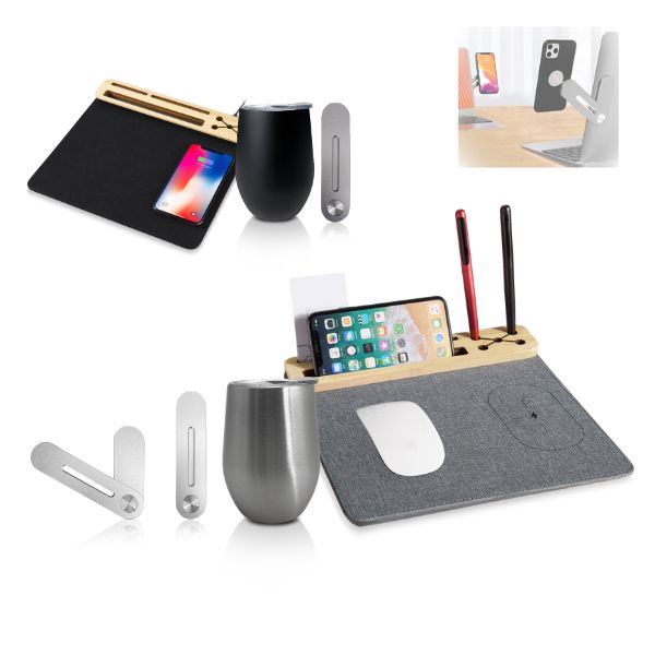 סט הכולל: 
פד לעכבר עם טעינה אלחוטית עשוי אריג ובמבוק + 
מעמד מתקפל לסמארטפון להדבקה על המחשב + 
כוס תרמית מעוצבת ML350.